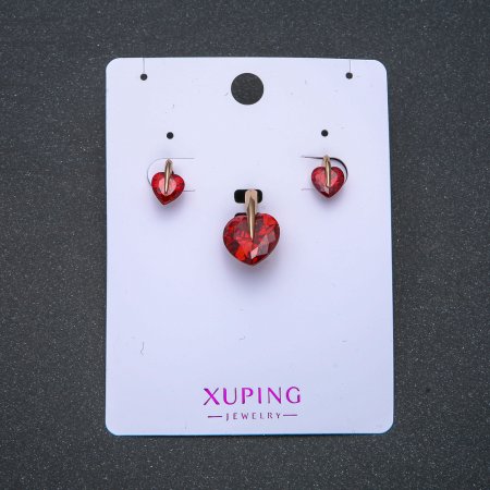 Знижка! Набір Сережки і Кулон Xuping "Червоні серця" Позолота 18к з червоними серцями 7х10мм 18х12мм